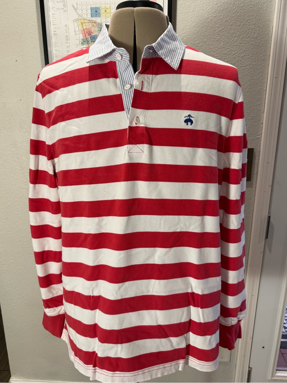 Brooks Brothers Men's XL Red White Stripe Rugby Blue Seersucker Collar